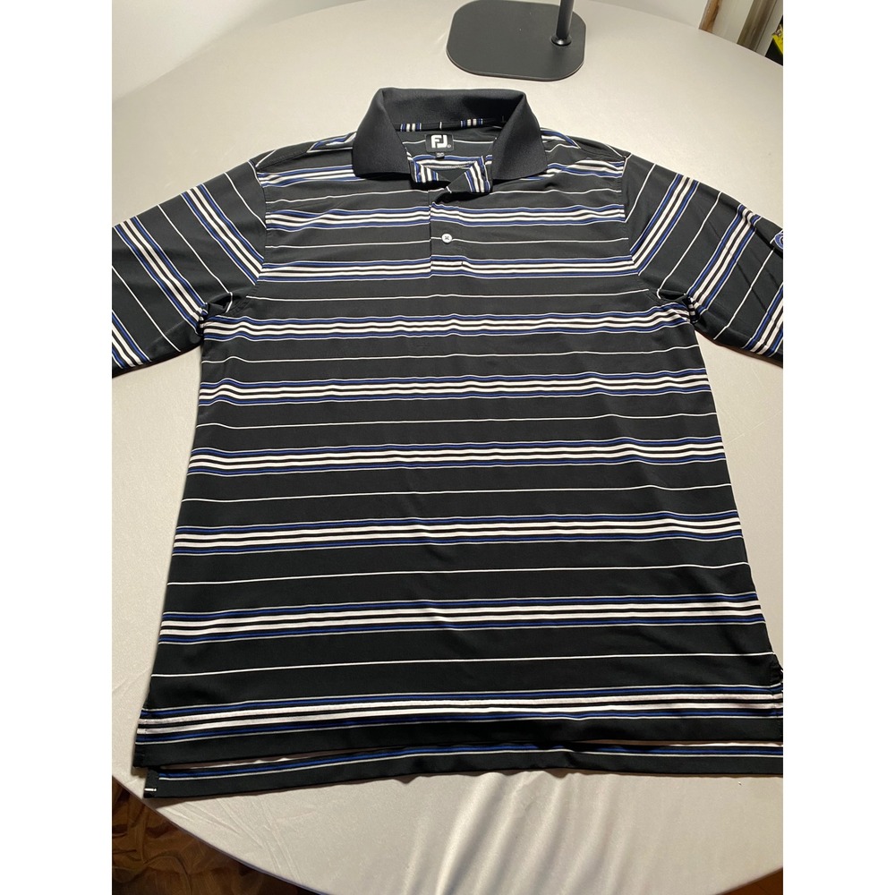 FootJoy Mens ProDry Golf Polo Shirt Black Blue Striped Walnut Creek Large